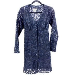 Vintage 90s Lace Mini Dress Womens Sz Medium Long Sleeve Tie Back Black Sheer